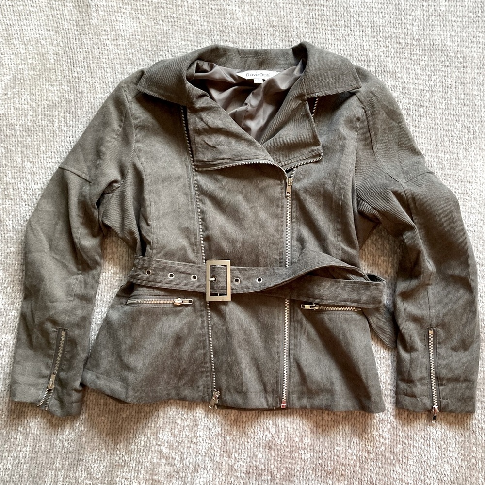 Davi & Dani‎ Corduroy Moto Jacket Small Olive Gray Belted Zip Utility Boho